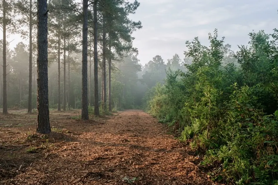 Partly cleared wooded lot with a strip of freshly mulched ground running between standing pines and dense underbrush