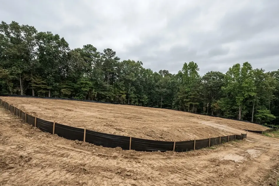 Cleared and graded bare earth building site edged by a silt fence and a line of woods