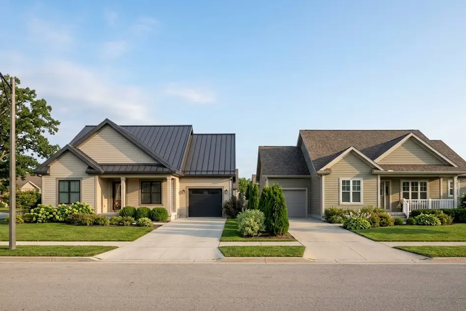 Two neighboring suburban houses, one with a dark gray standing seam metal roof and the other with brown architectural asphalt shingles