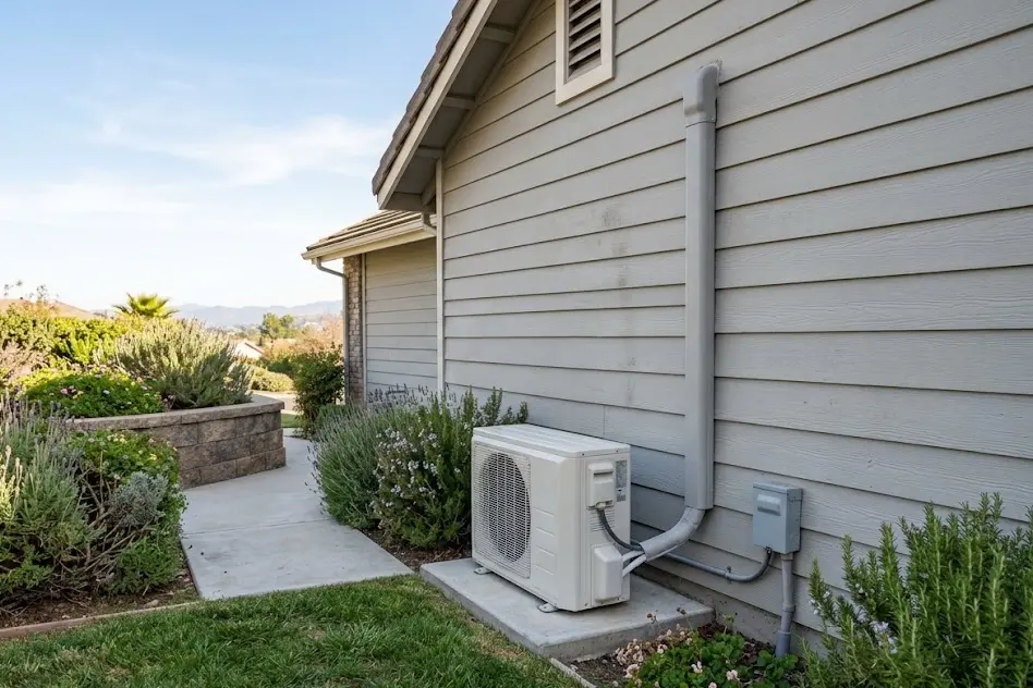 Mini split outdoor condenser on a pad against a house wall with an insulated line set running up the siding