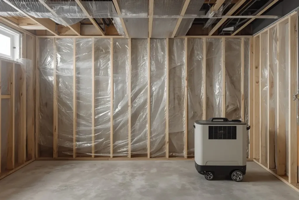 Basement room sealed off with plastic sheeting, with the lower section of drywall cut away to expose wall studs and a portable air filtration unit on the floor