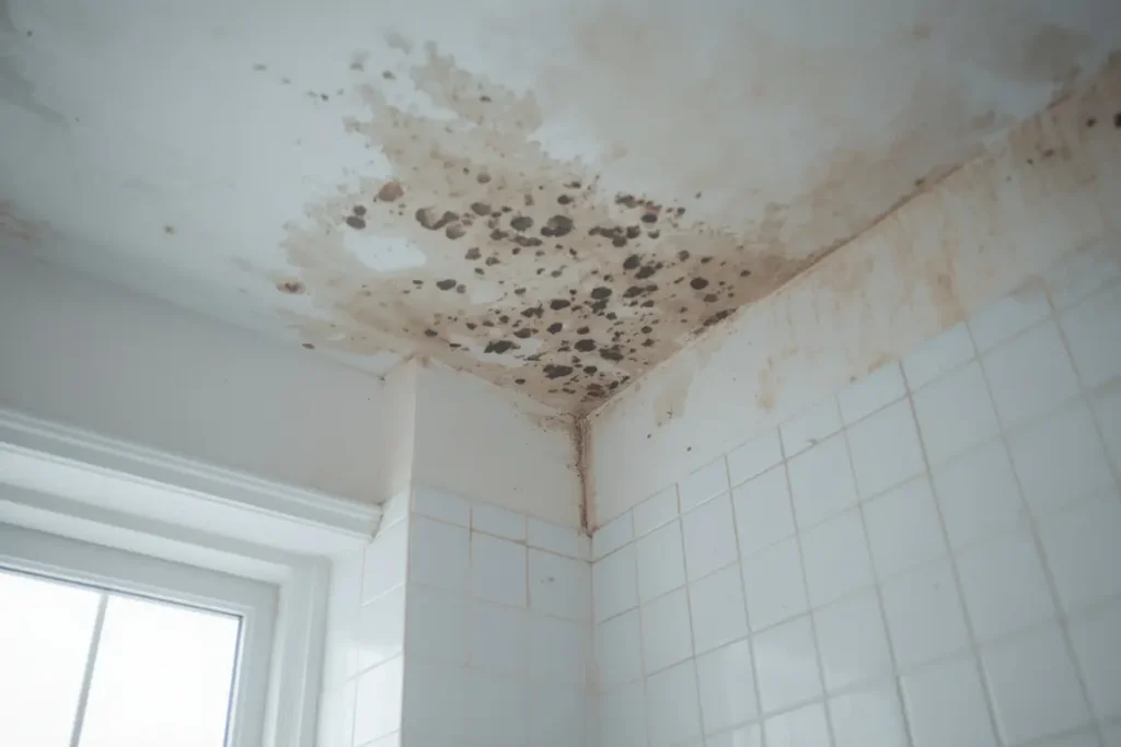 Dark mold spots spreading across a painted bathroom ceiling corner above a tiled shower