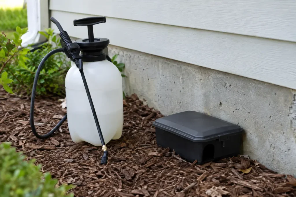 Pest control sprayer and bait station beside the foundation of a suburban house