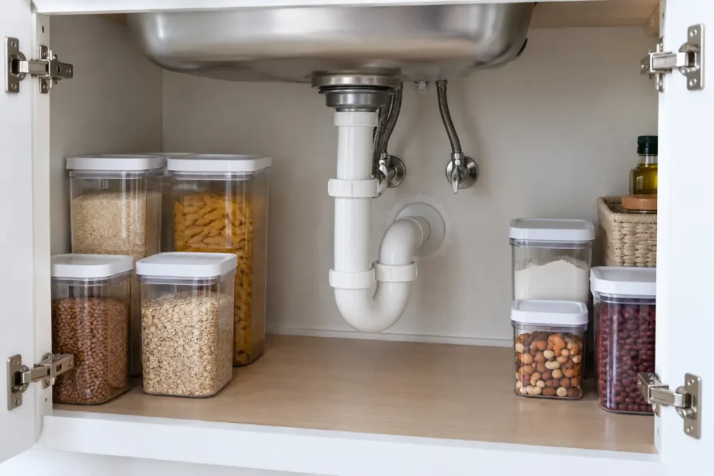 Sealed gap around a pipe under a clean kitchen sink, a common pest prevention step