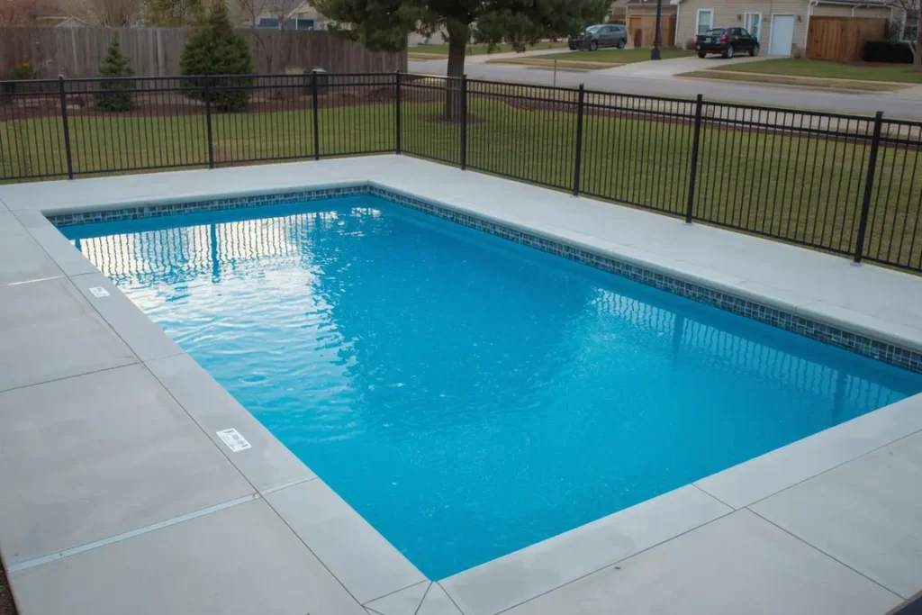New rectangular inground pool with concrete decking and an aluminum safety fence in a backyard