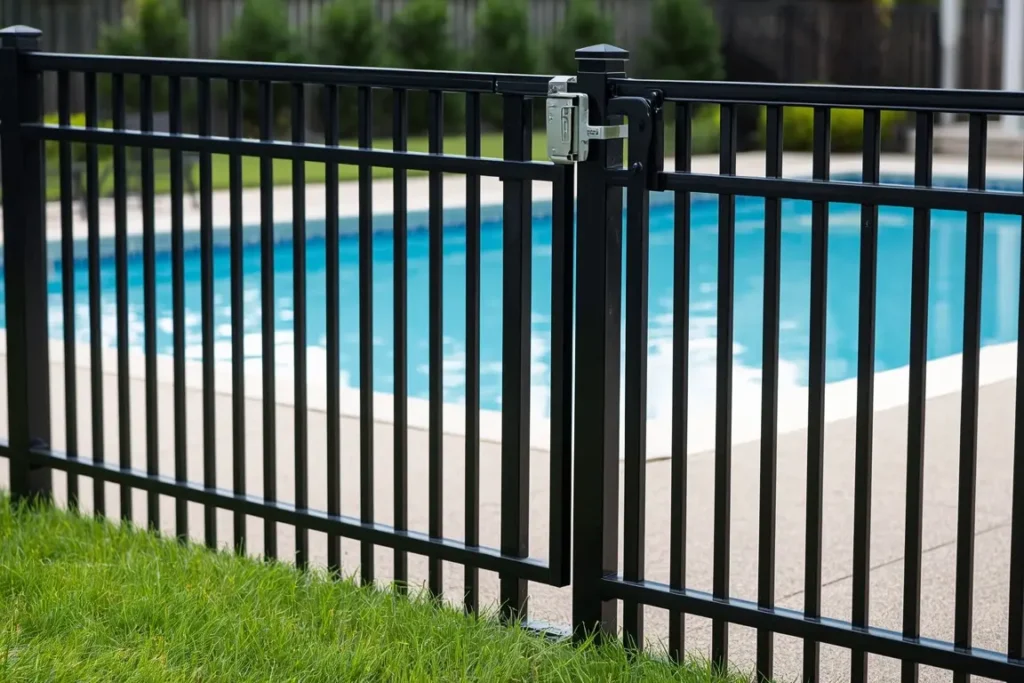 Aluminum pool fence with a self-closing gate around an inground pool