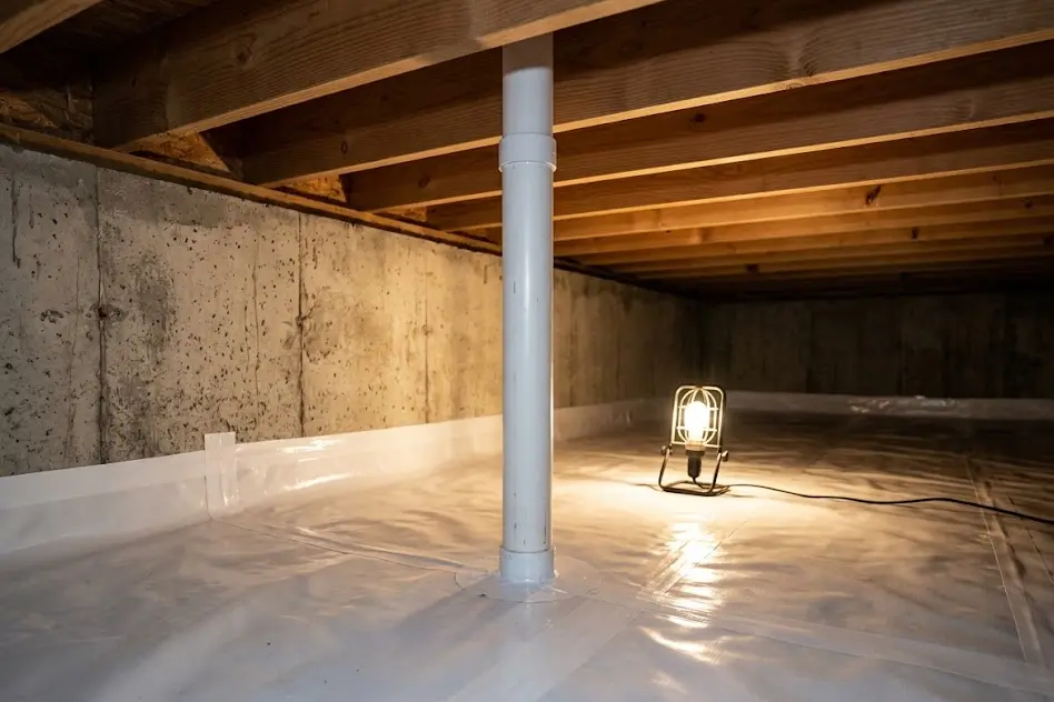 Crawl space with the floor covered by a sealed white plastic sheet and a vent pipe rising toward the floor joists