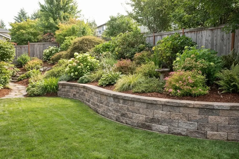 Curved segmental concrete block retaining wall about three feet tall holding a planted slope in a backyard