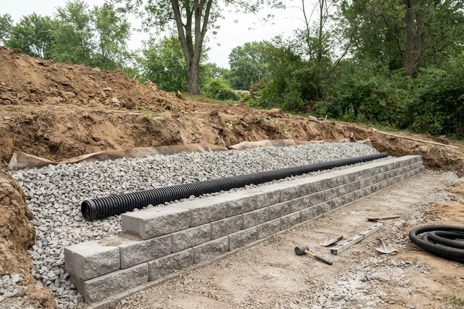 Gravel backfill and a perforated drain pipe laid behind the first courses of a block retaining wall under construction
