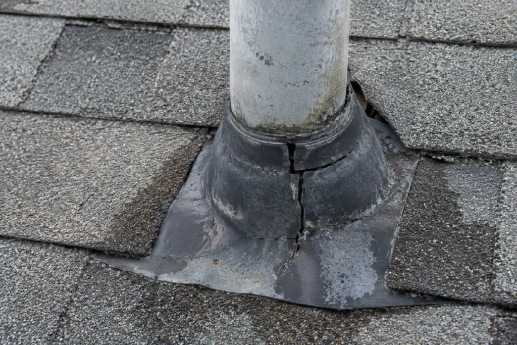 Asphalt shingle roof with a cracked rubber pipe boot around a plumbing vent pipe