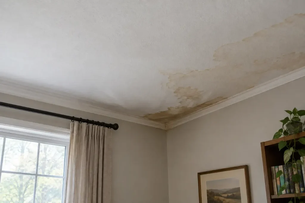 Brown water stain spreading across a white drywall ceiling below a roof leak