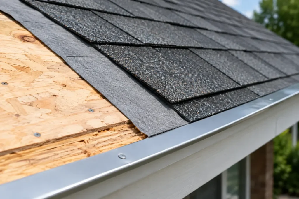 Close-up of a roof in cross-section showing plywood decking, underlayment, drip edge and asphalt shingles