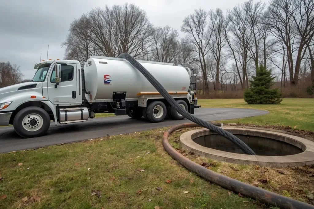 Septic pump truck with its hose running into an open septic tank access lid in a grassy backyard