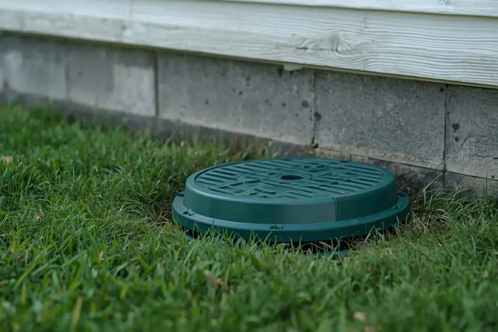 Green plastic septic tank riser lid set flush with the lawn next to a house