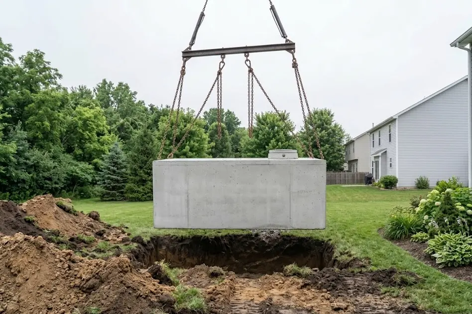 New concrete septic tank being lowered into an excavated pit in a rural backyard