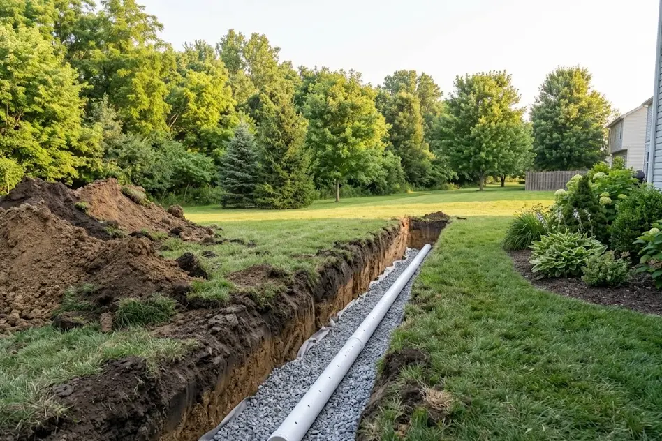 Open drain field trench with perforated pipe laid over gravel in a grassy yard