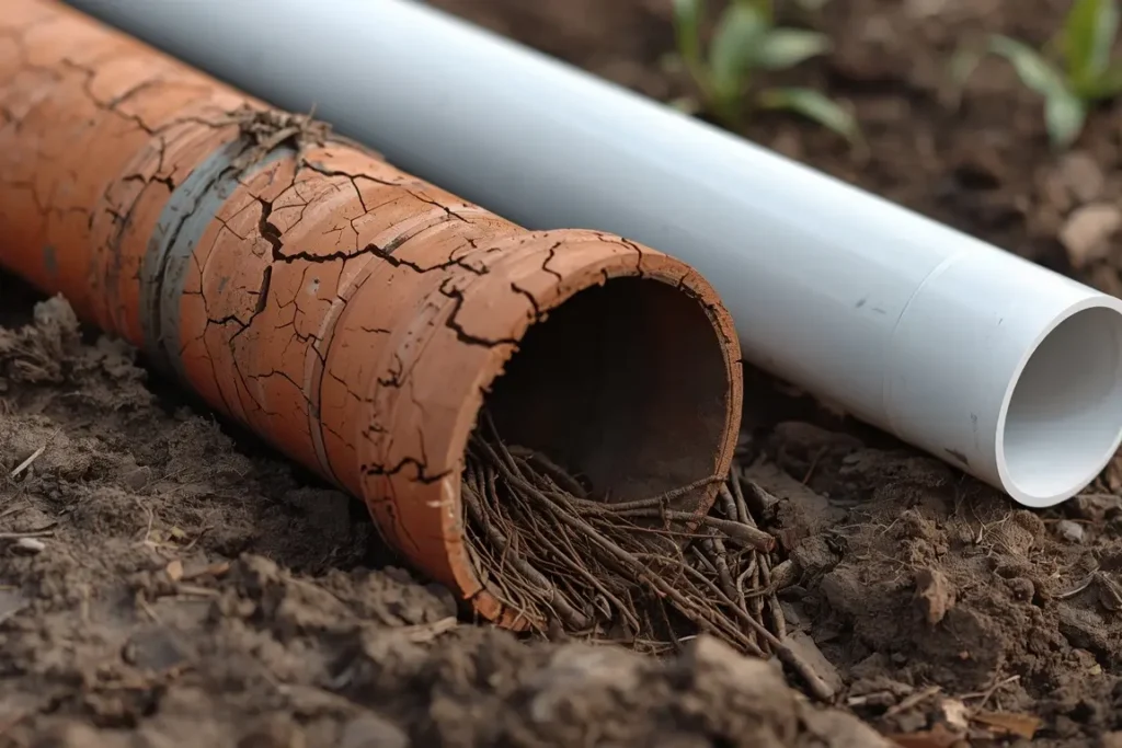 Cracked old clay sewer pipe with tree roots growing out of its broken end, lying beside a new PVC pipe