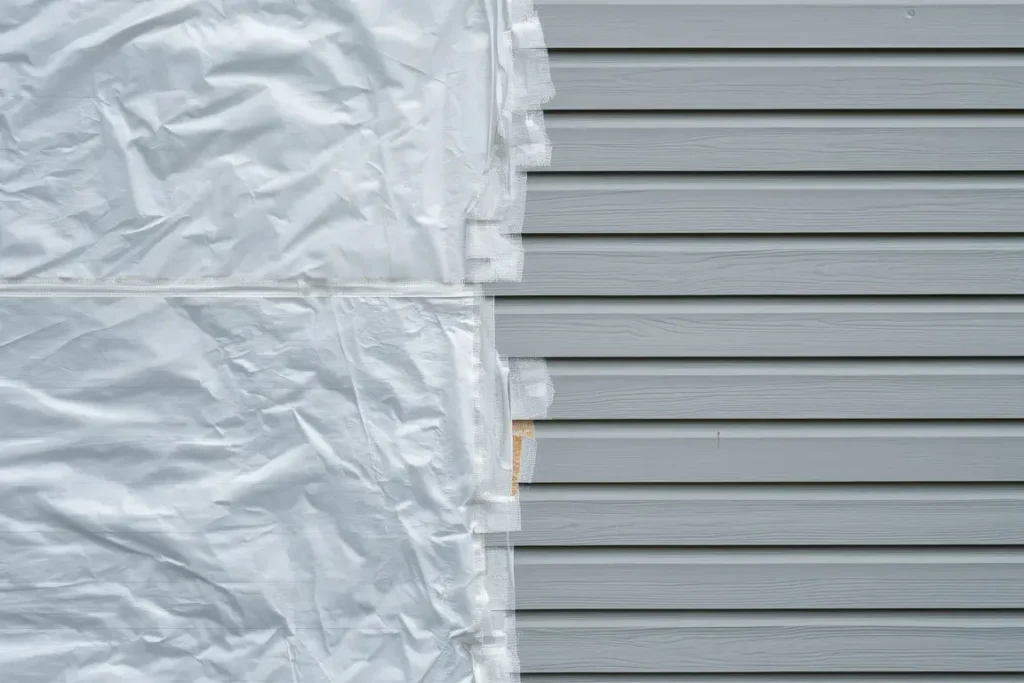 Section of wall covered in white house wrap next to newly installed light gray lap siding