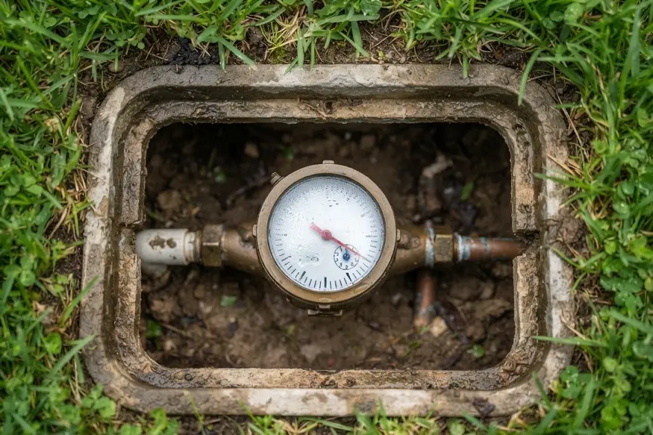 Close-up of a residential water meter dial inside an open meter box set in a lawn