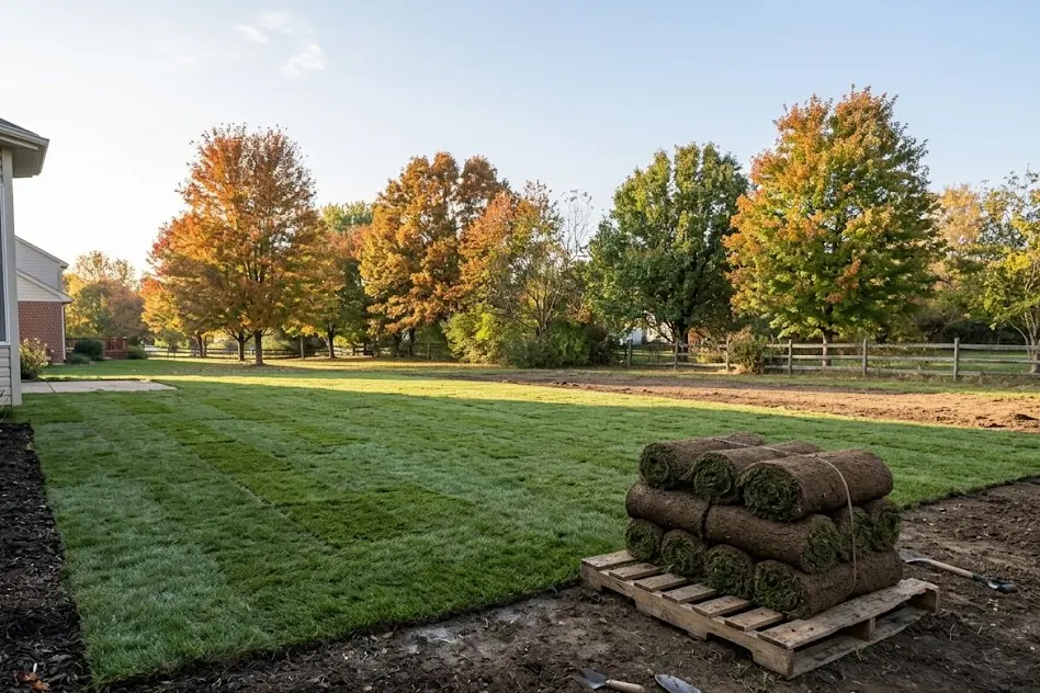 Freshly laid rolls of green sod with staggered seams in a residential backyard
