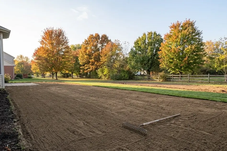 Bare, raked and leveled soil next to a strip of newly laid sod