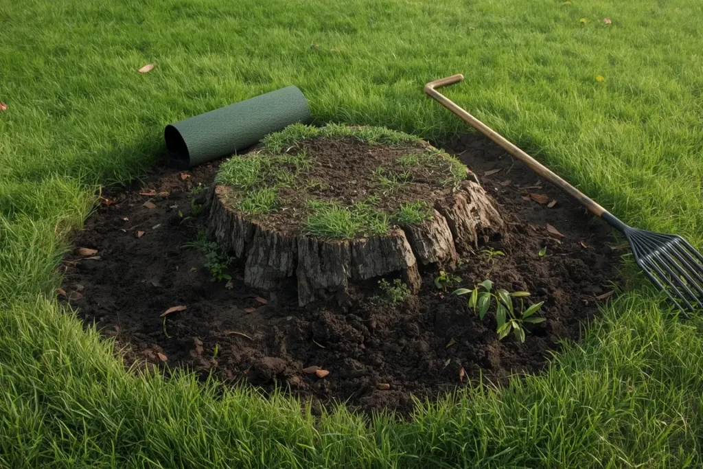 Low tree stump in a lawn surrounded by fresh dark topsoil, with a garden rake lying on the grass beside it