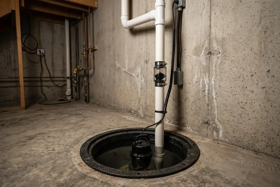 Submersible sump pump sitting in a round plastic sump basin set into a concrete basement floor, with white PVC discharge pipe rising up the wall