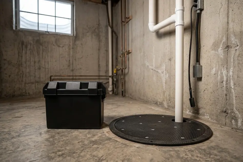 Plastic battery box for a backup sump pump on a basement floor beside the covered sump pit and its discharge pipe