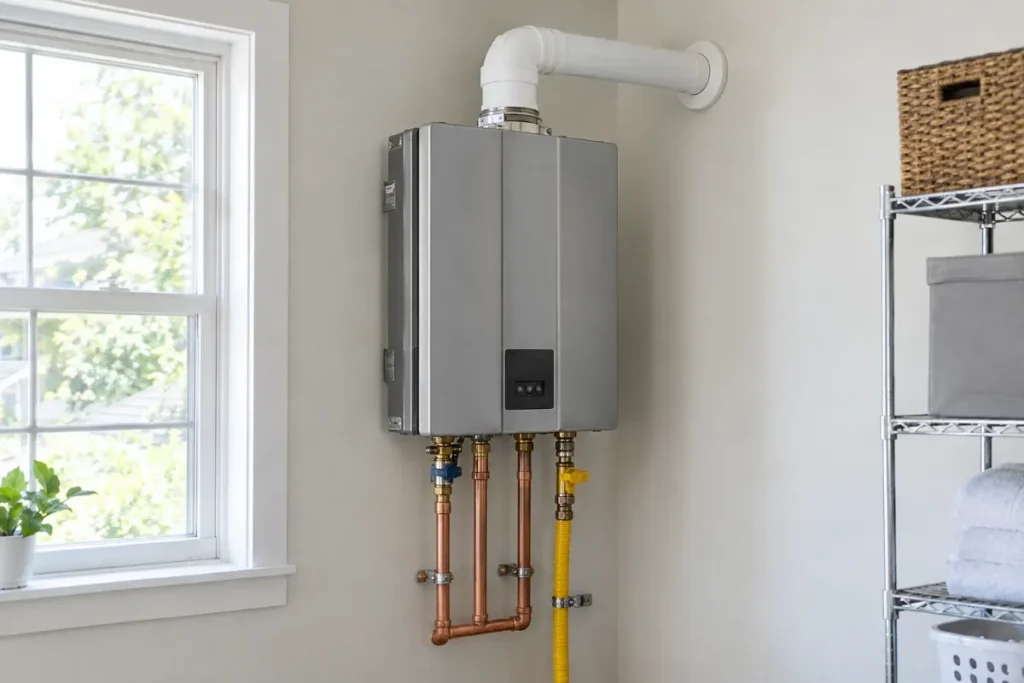 Wall-mounted gas tankless water heater with copper pipes and a vent pipe in a home utility room