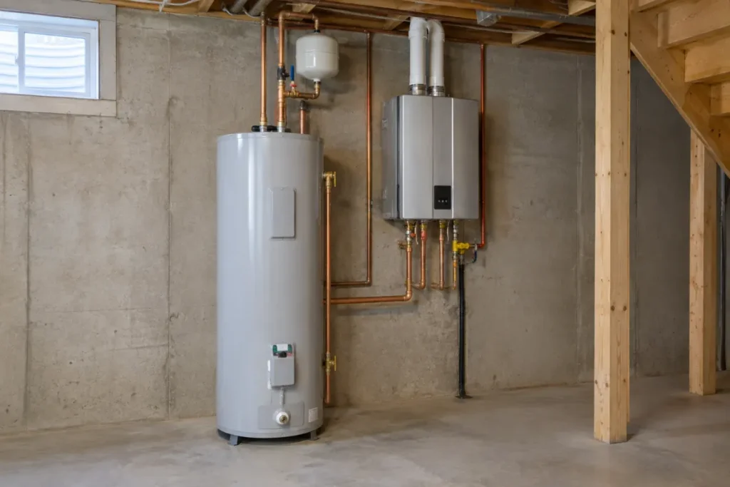 A conventional tank water heater next to a compact wall-mounted tankless unit in a basement