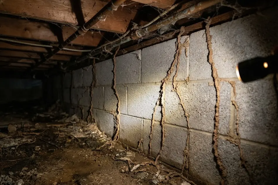 Mud tubes running up a concrete block foundation wall in a crawl space