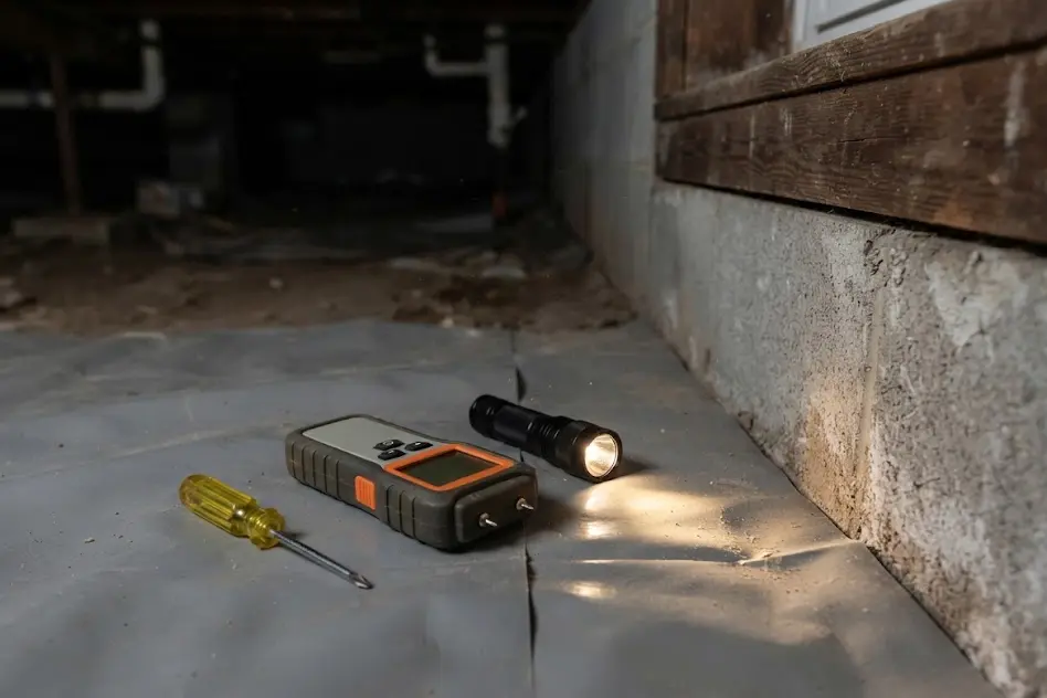 Flashlight, screwdriver and moisture meter on a vapor barrier beside a crawl space foundation wall