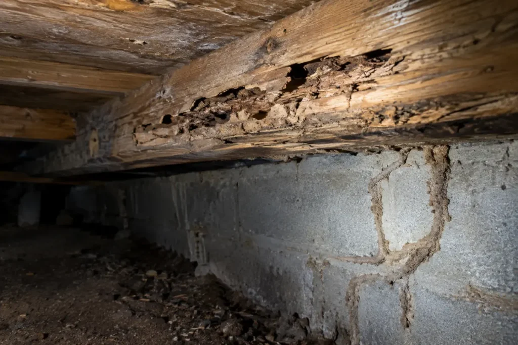 Wooden floor joist hollowed out by termite damage in a crawl space