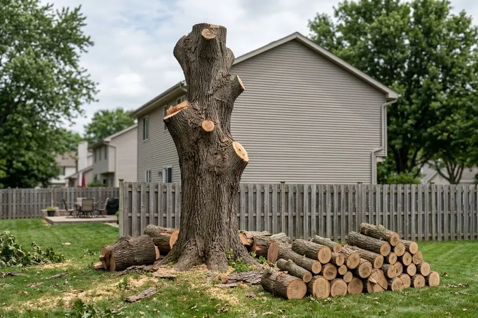 Large tree trunk with its limbs cut off in a suburban backyard, with cut logs stacked on the lawn