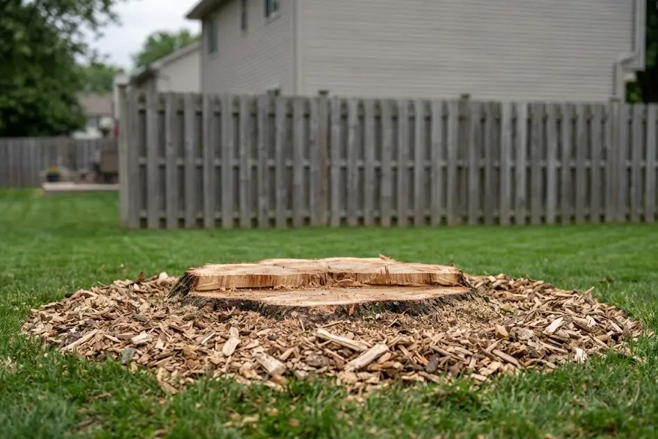 Freshly ground tree stump surrounded by wood chips in a green lawn