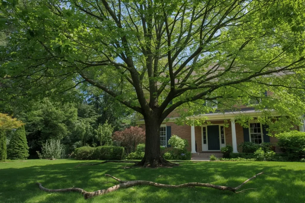 Mature maple tree with a freshly thinned canopy in front of a house, with pruned branches lying on the lawn below