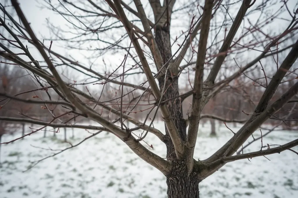 Bare deciduous tree in late winter with clean pruning cuts on its lower branches