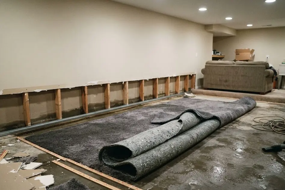 Wet carpet and pad pulled back from a basement floor next to a strip of removed drywall