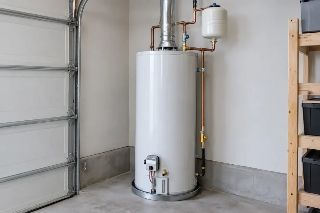 New 50-gallon gas tank water heater with an expansion tank and copper connections in a garage