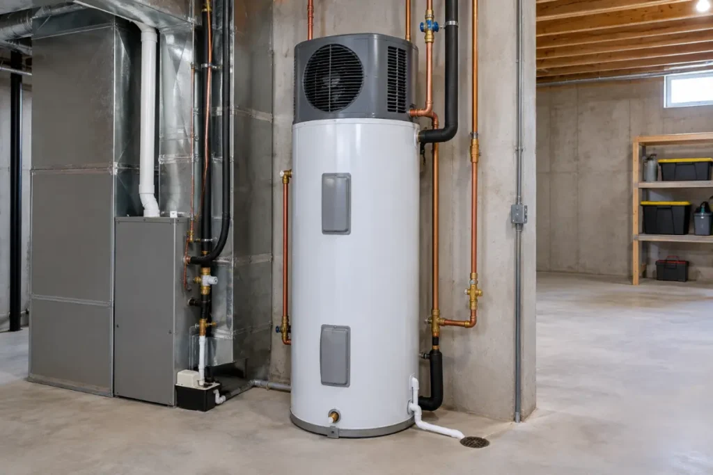 Heat pump water heater with a fan unit on top installed in a spacious basement utility area