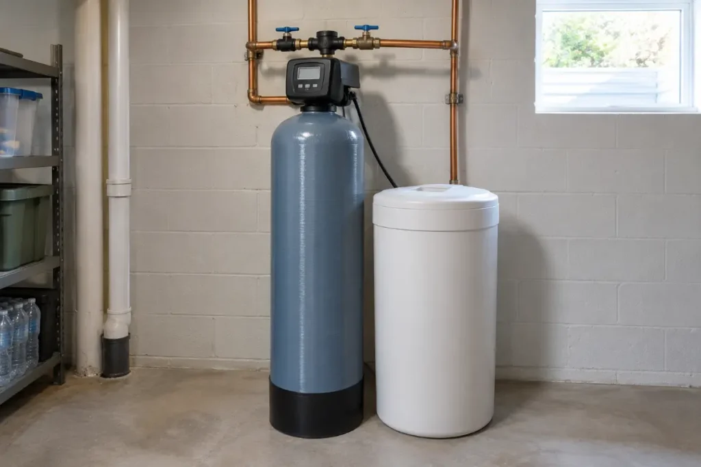 Salt-based water softener with a resin tank and a brine tank connected to copper pipes in a basement utility area