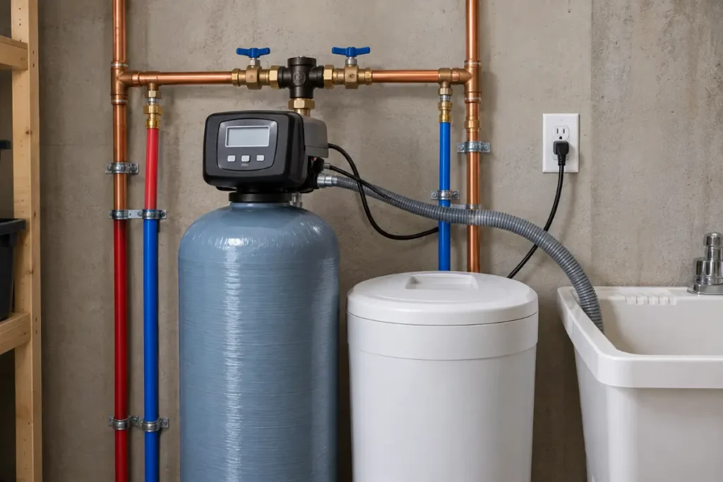 Water softener bypass valve and drain line connected to the main water line next to a laundry sink