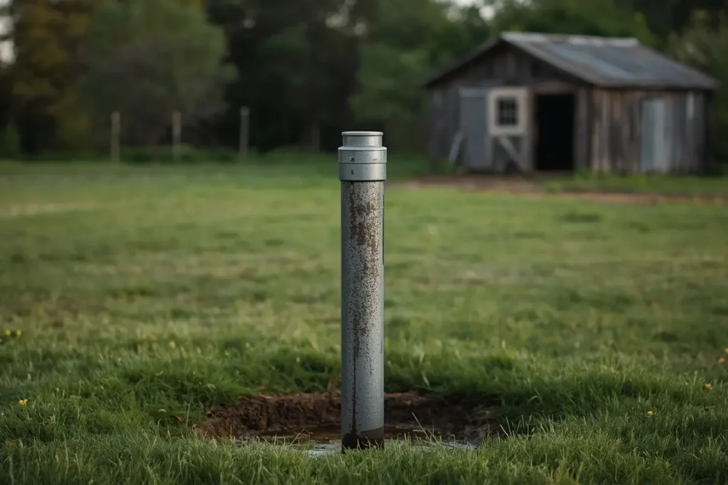 Steel well casing with a metal cap in a grassy yard beside a small wooden pump house