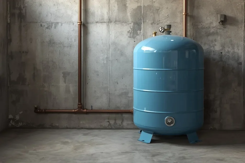 Blue well pressure tank standing on a concrete basement floor, with copper piping along the wall behind it