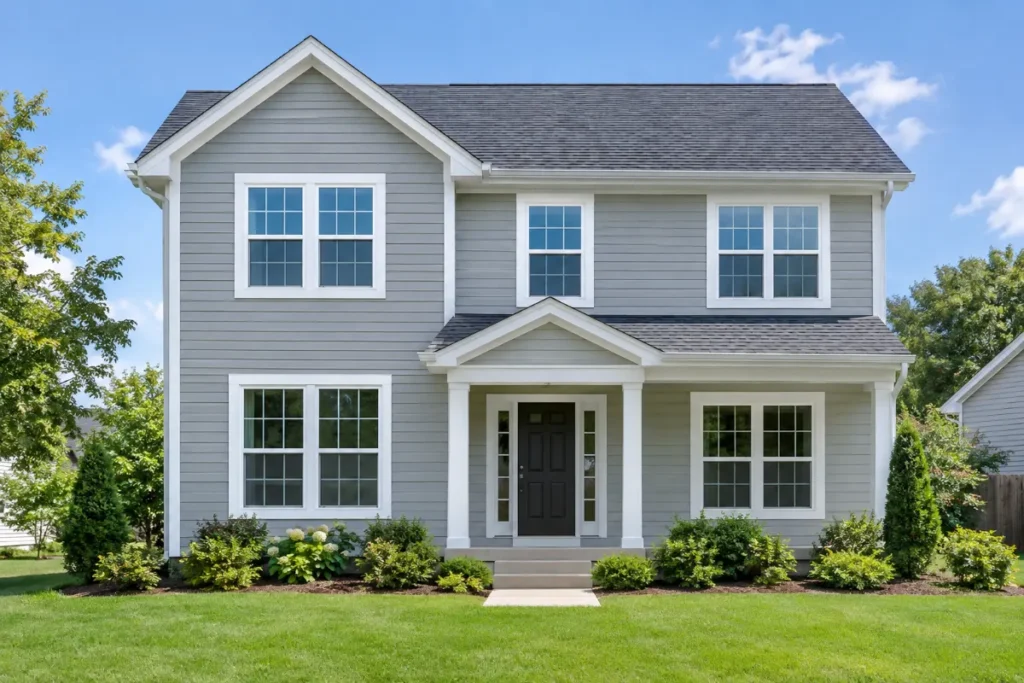Suburban American house with new white vinyl double-hung windows on the front facade