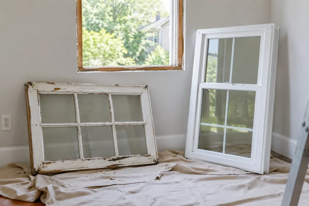 An old wooden window frame with peeling paint next to a new vinyl replacement window leaning against the wall