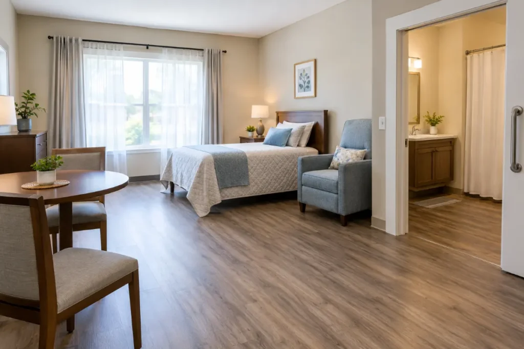 Furnished studio apartment in an assisted living community with a single bed, armchair, small round dining table, large window and a private bathroom