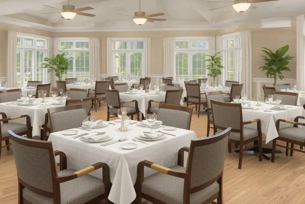 Bright shared dining room in an assisted living community with set tables, upholstered chairs and large windows
