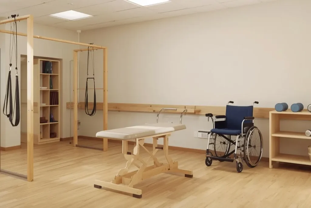 Rehabilitation therapy room with a padded treatment table, a wheelchair, exercise frames with straps and hand weights on a shelf