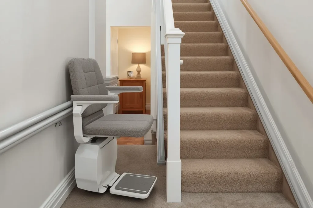 Seated stair lift with a gray upholstered seat and an unfolded footrest at the bottom of a carpeted staircase